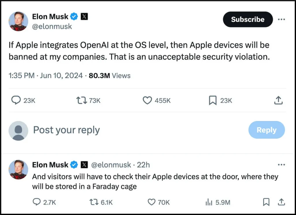 Elon Musk posted about Apple's new AI features shortly after the WWDC event.